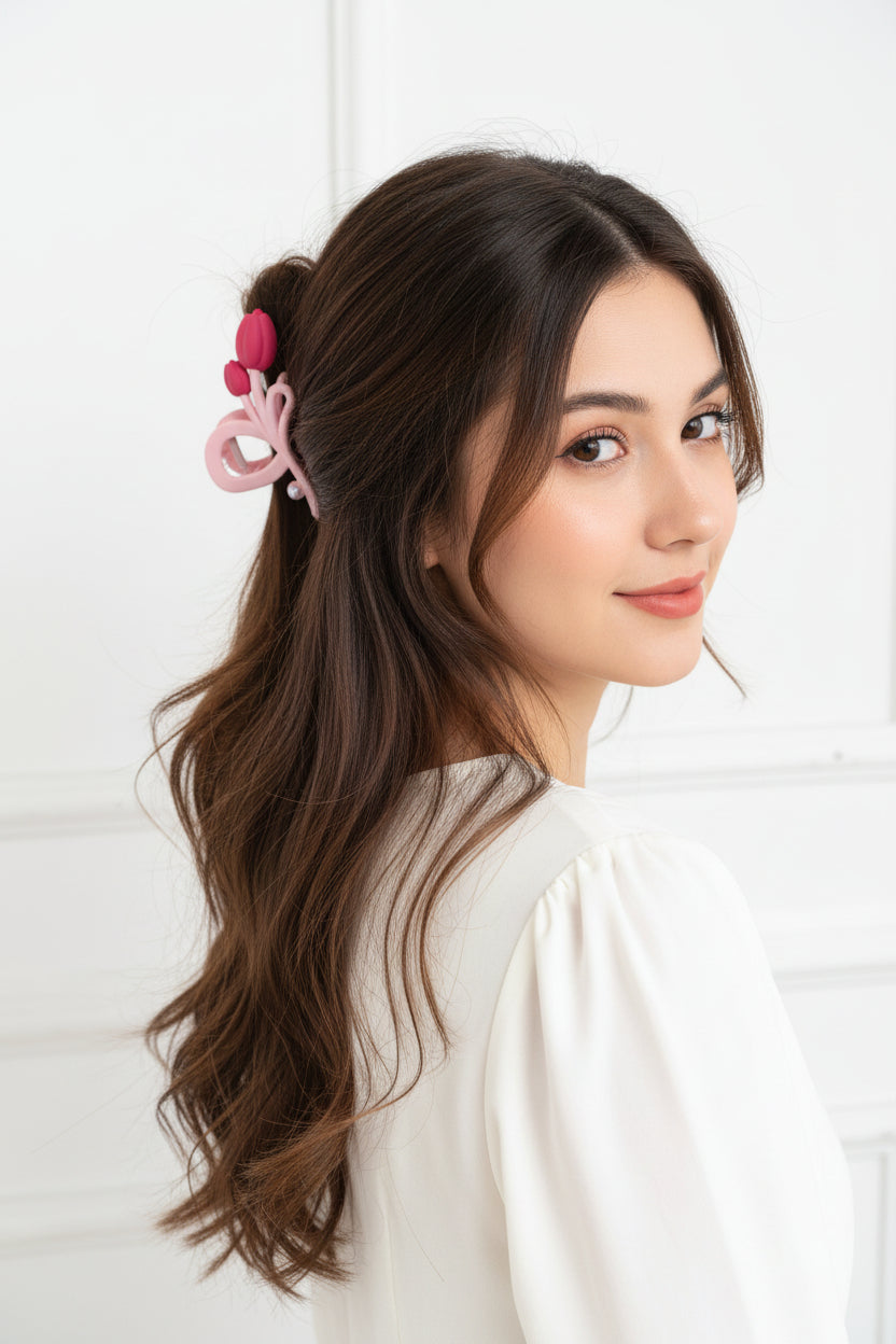 create me a picture of girls wearing this hair claw clip
